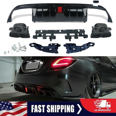 For 15-21 Benz W205 C200 C300 Rear Bumper Diffuser Lip + Exhaust Tips AMG-Line