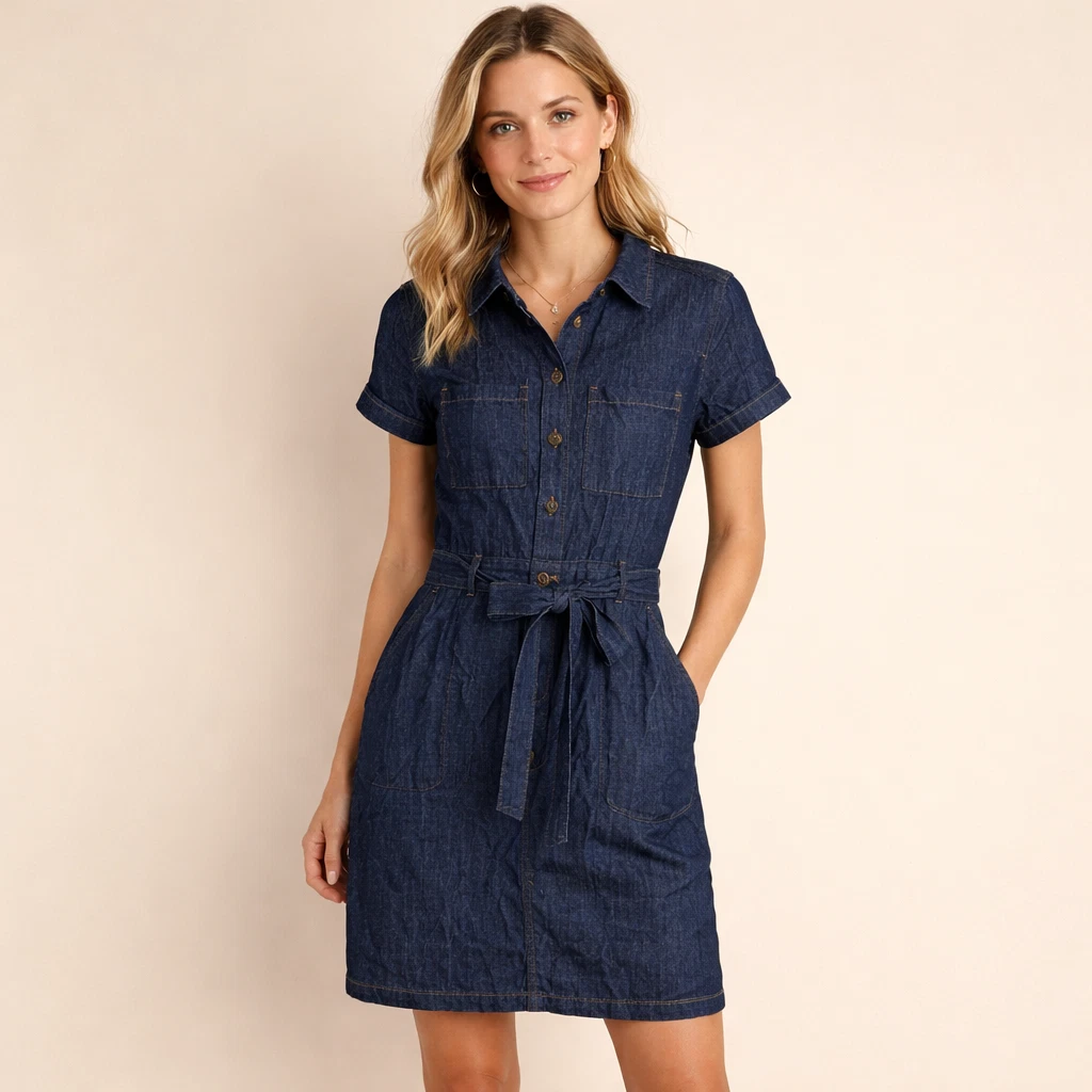 Knee Length Denim Short Sleeve Solid Dresses for Women for sale | eBay