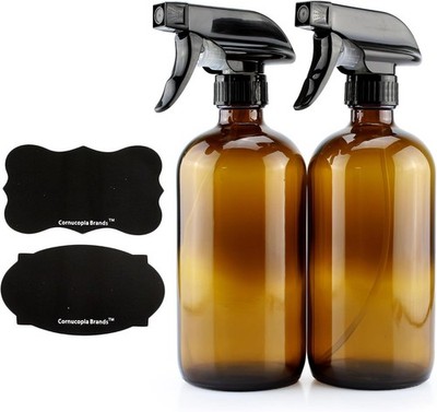 16oz Amber Glass Spray Bottles w/Reusable Chalk Labels (2 Pack), Heavy Duty Mist