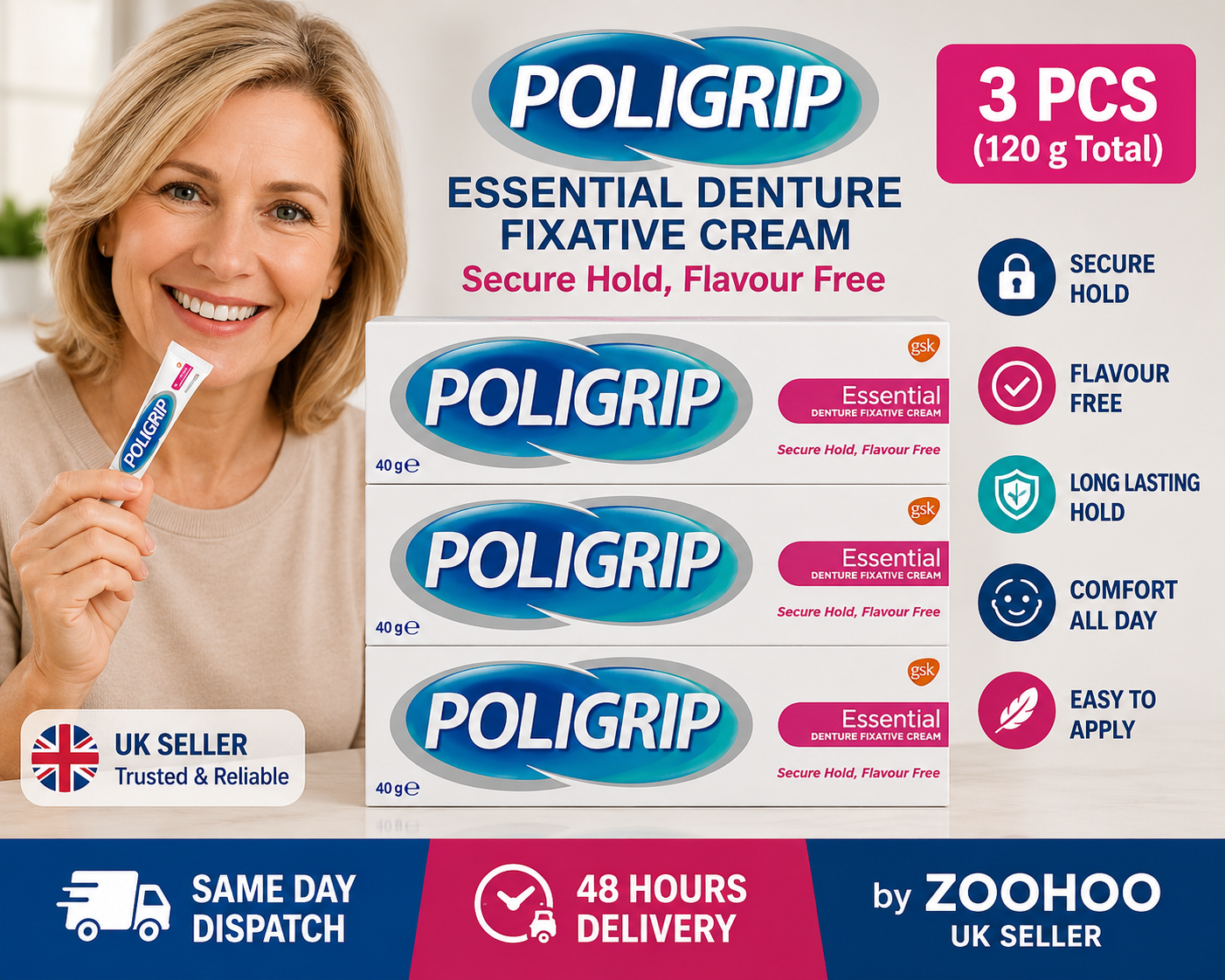 3 x Poligrip Essential Denture Fixative Cream 40g Secure Hold Flavour Free 120g