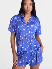 Blue Women's Short-Sleeve Pajama Top and Shorts Set with Summer Time Print