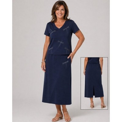 Vtg Coldwater Creek Skirt Set Wms L Navy Blue Dragonfly Beaded Cotton