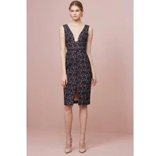 Keepsake Lace Dress Size S Navy Beige Midi Bodycon Plunge Slit Cocktail Coquette