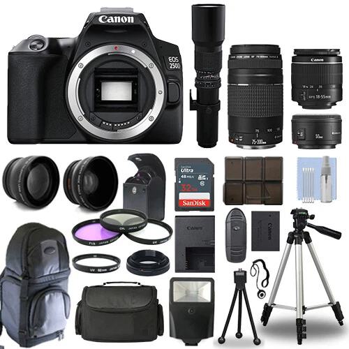 Canon EOS 250D / SL3 DSLR + 6 Lens 18-55mm, 75-300mm, 50mm, 500mm + 32GB PRO KIT