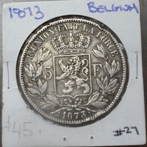 1873 BELGIUM SILVER 5 FRANCS