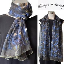 GEORGINA VON ETZDORF Blue/Khaki Crinkle Silk Chiffon Scarf 51x160cm HandrollHem