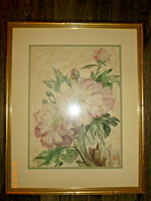 Vintage ESTER NAUM  Signed Watercolor Painting Peony 16x11" Framed 22x18"