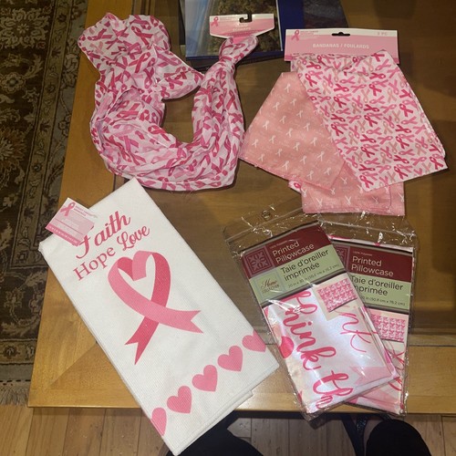 6 Pcs Breast Cancer Awareness Pink Ribbon Scarf 2 Pillowcase 2 Bandana