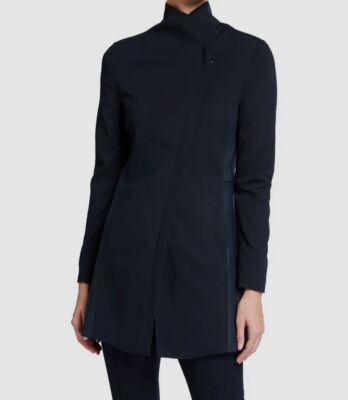 $1490 Akris Punto Women's Blue Faux Leather Long Biker Jacket Size 14