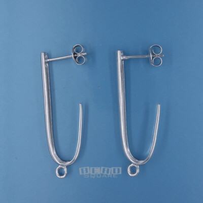 2 Sterling Silver Long J Stud Post Earrings w/Clutches, Open Loop 34mm #33575