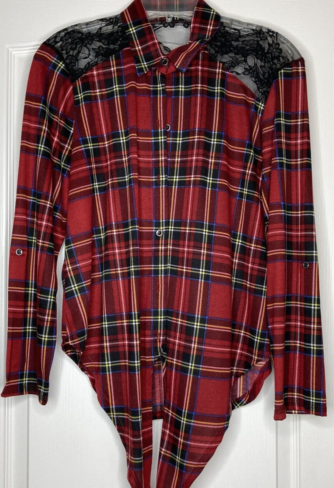Plaid Shirt Womens Medium Red Lace Inserts Cowgirl Southwestern Rodeo Festival