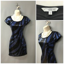 New Look Blue & Black Mix Sequinned Occasion Bodycon Party Dress UK 8 EU 36
