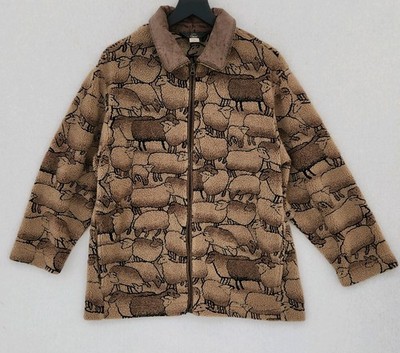Vintage Orvis Fleece Coat Sheep All Over Animal Print Full Zip High Pile Size M