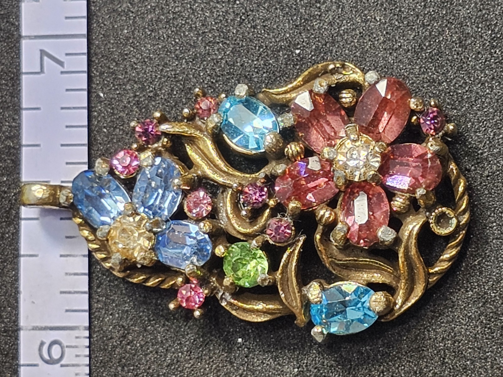 Gold Tone Multicolor Rhinestone Floral Charm Pendant Prong Set Oval Stones
