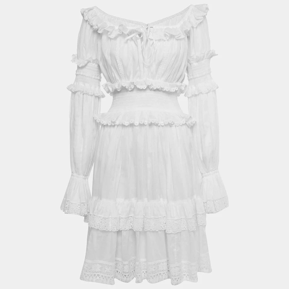 Dolce Gabbana White Lace Trim Cotton Ruffled Short Dress S