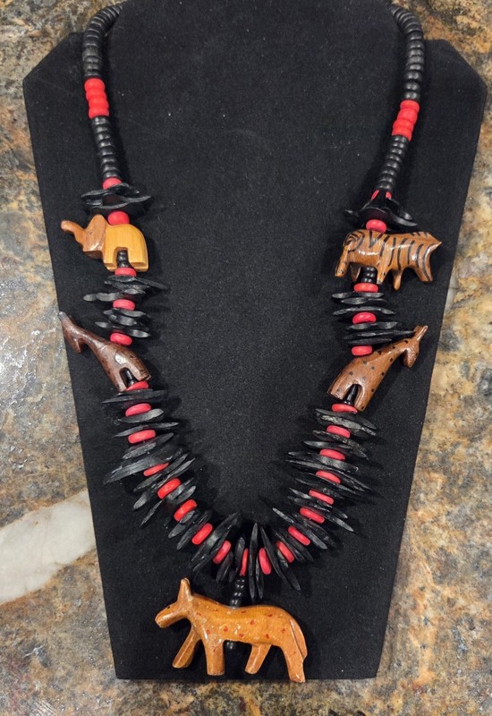 Tribal Wood Carved And Hand Painted Safari Animals Themed Necklace