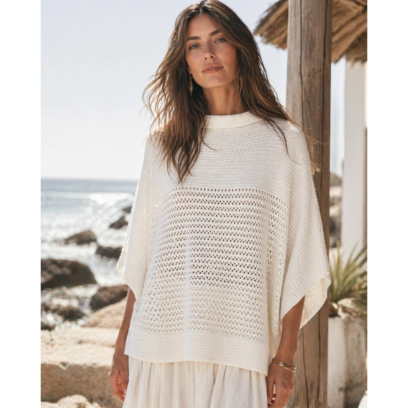 Chicos Open Knit Mock Neck Dolman Sleeve Poncho Sweater 3 XL Cream Ivory Wool