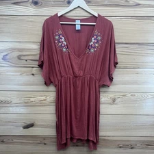 Time and Tru Shirt Womens XL Orange Tunic Embroidered Batwing Elastic Waist B126