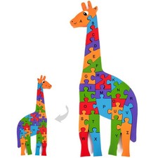 Wooden Puzzles for Kids, Double Sided Giraffe Jigsaw with Alphabet  Numbers,...