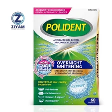 Polident Overnight Whitening Antibacterial Dental Appliance Cleanser Tablets, 60