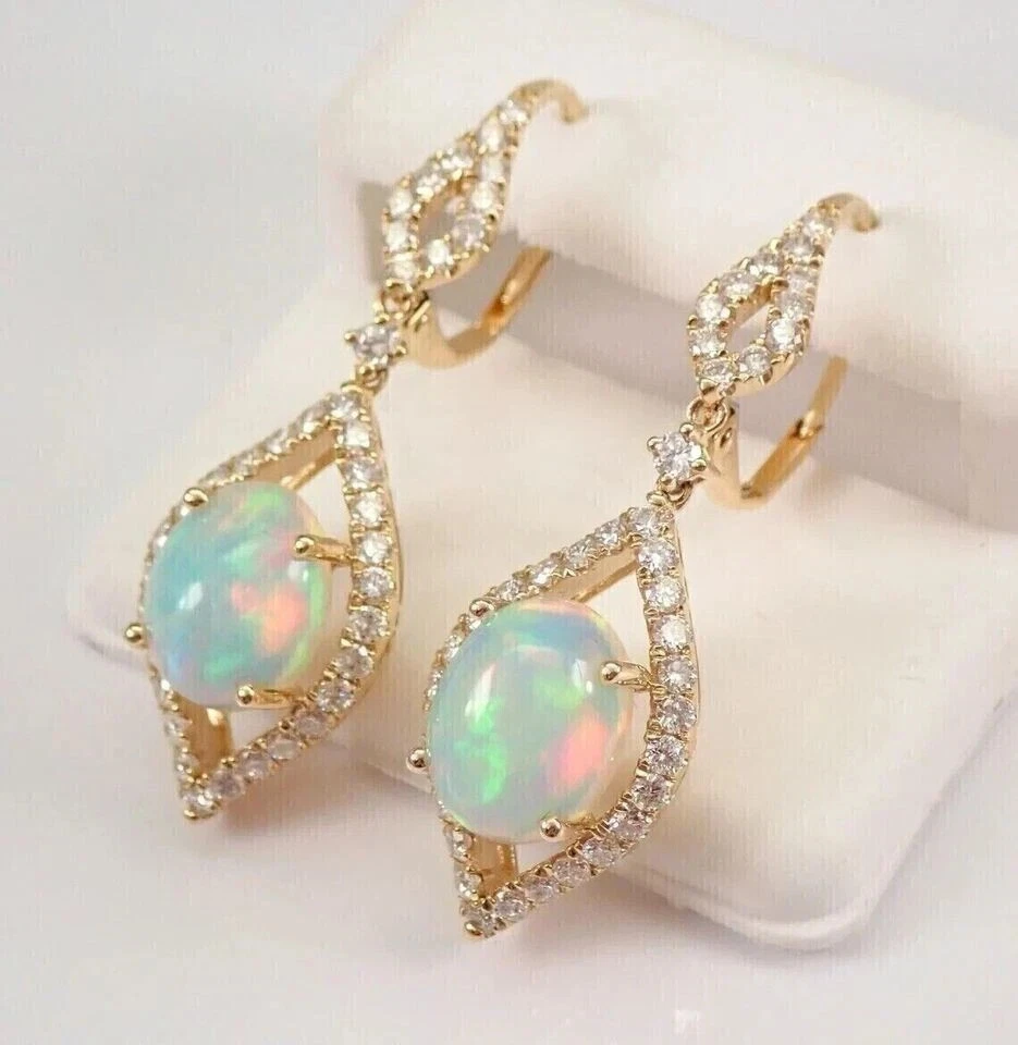 3Ct Oval Cut Lab Created Fire Opal Drop & Dangle Earrings 14K Yellow Gold Plated - Image 4 of 4