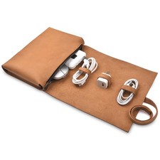 Tan Leather Tech Pouch Zipper Travel Accessory Electronic Organizer Case Bag