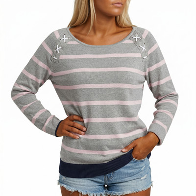 Delmao Pullover Pulli Strickpulli grau gestreit 36 bis 46 Damen (5427) NEU