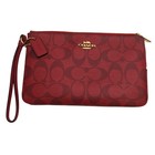 Coach Dark Red Signature Double Zip Leather Wristlet Wallet 5" x 8"