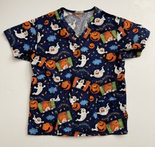 Life Scrubs Halloween Multicolor Dark Blue Ghosts Medical Top Nurse Women XS