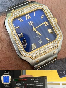Authentic Men's 2.5ct MOISSANITE Watch TwoTone Gold Plated Automatic Movement Blue Face