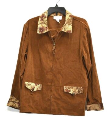 Susan Graver Style Womens Brown Full Zip Flap Pocket Faux Suede Floral Jacket L