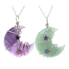 Natural Crystal Quartz Wire Wrap Crescent Moon Star Reiki Stone Pendant Necklace
