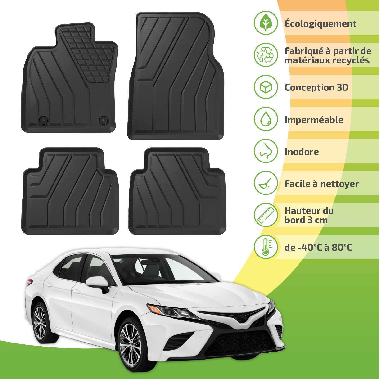 Tapis de sol éco pour Toyota Camry 9 depuis 2018 en matériaux recyclés noir