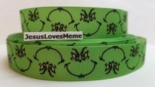 Grosgrain Ribbon Grinch Face on Kelly Shamrock Green Christmas Cartoon 7/8"