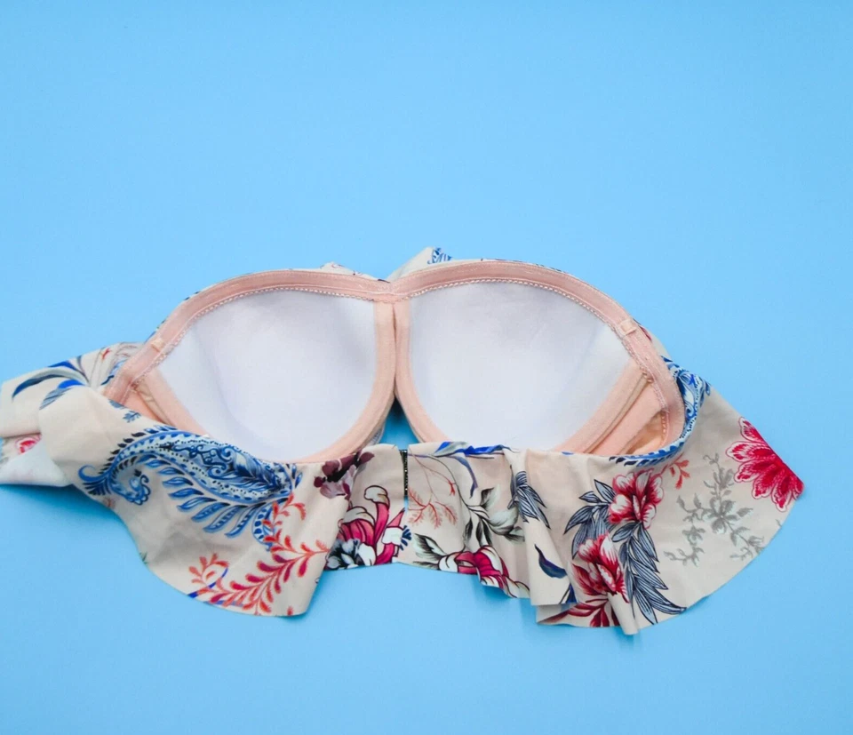 Top de bikini SeaFolly Australia talla 8 rosa floral con volantes bandeau acolchado sin tirantes Foto 4 de 4