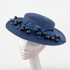 Tate - Navy Blue Polybraid Boater with Vintage 50's trim ASCOT WEDDING