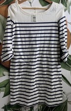 GAP XS Boatneck Striped Blue and Cream 3/4 Tab Sleeves Dress 100% Cotton NWT