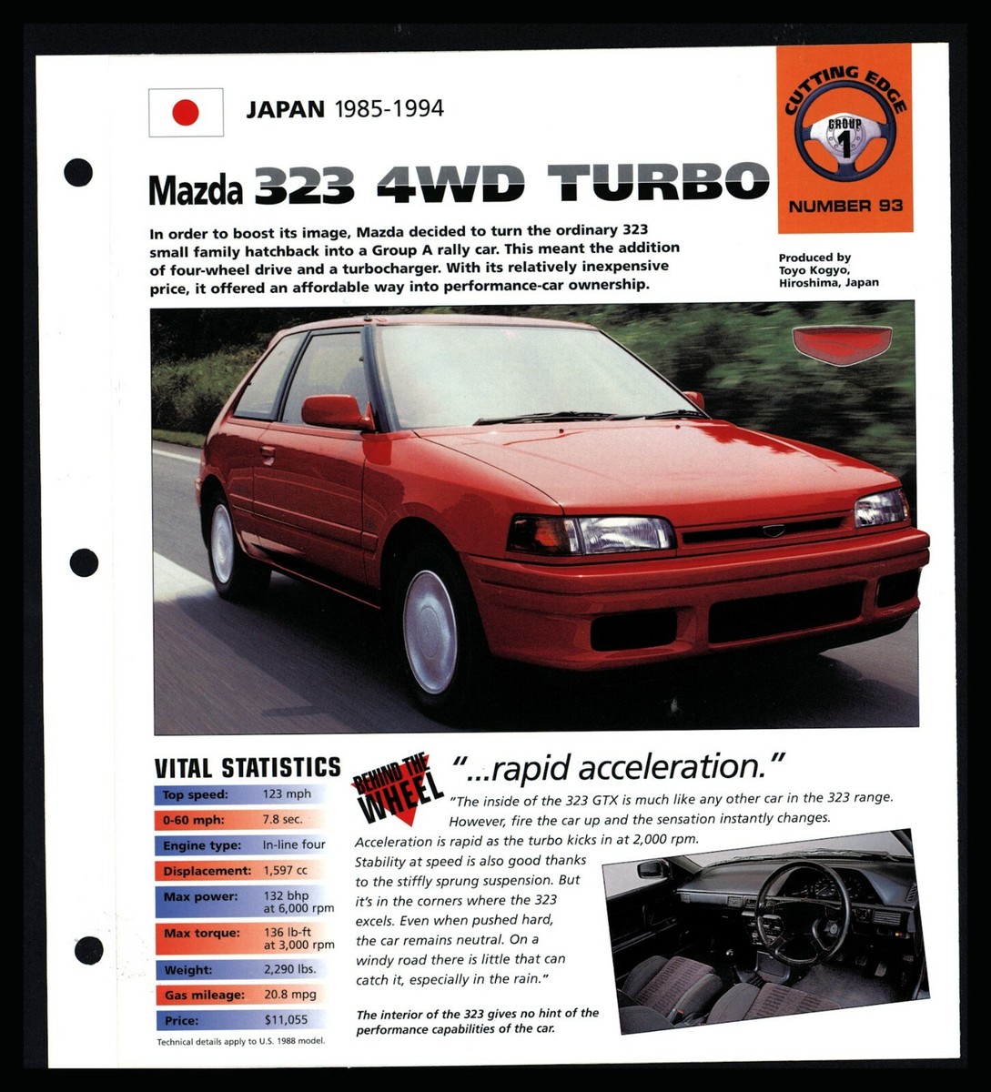 Mazda 323 Turbo (Japan 1985-1994) Spec Sheet 1998 HOT CARS Cutting