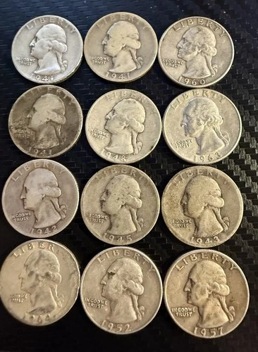 12 1941-1964 Silver Washington Quarters Circulated Uncertified 25C Lot