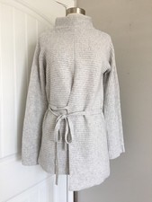 VINCE LIGHT GRAY WOOL CASHMERE RIBBED KNIT BELTED SWEATER SIZE M