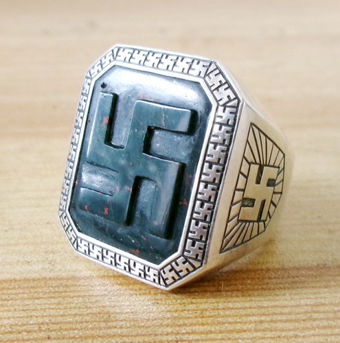 HUGE Antique Sterling Silver Bloodstone Buddhist Manji Ring 25gr 15ct Size 11 US