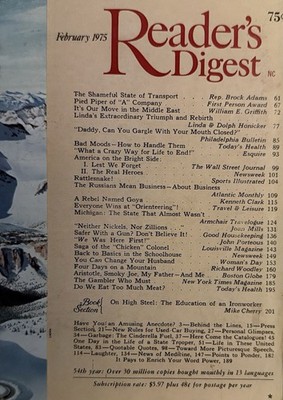 1975 February 1 READER'S DIGEST MAGAZINE Vintage History Short Stories Humor