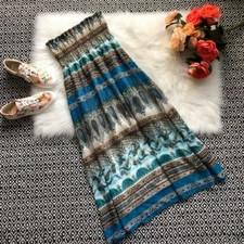Blue Brown Flowy Paisley Strapless Maxi Dress, Women's Size Small