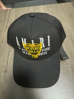 Amiri  Classic Black Mesh Snapback Cap Gold Shield Beverly Hills Text Streetwear