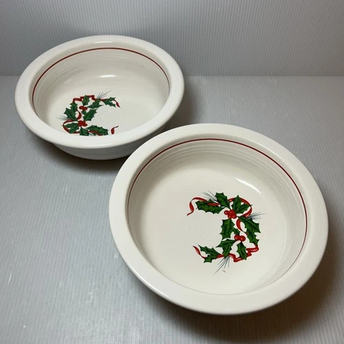 2 Homer Laughlin HOLIDAY FIESTA Fiestaware Lg  Round SERVING BOWL Holly & Ribbon