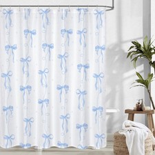 Cute Blue Bow Shower Curtain Set Waterproof Aesthetic Bathroom 72x72 Inch