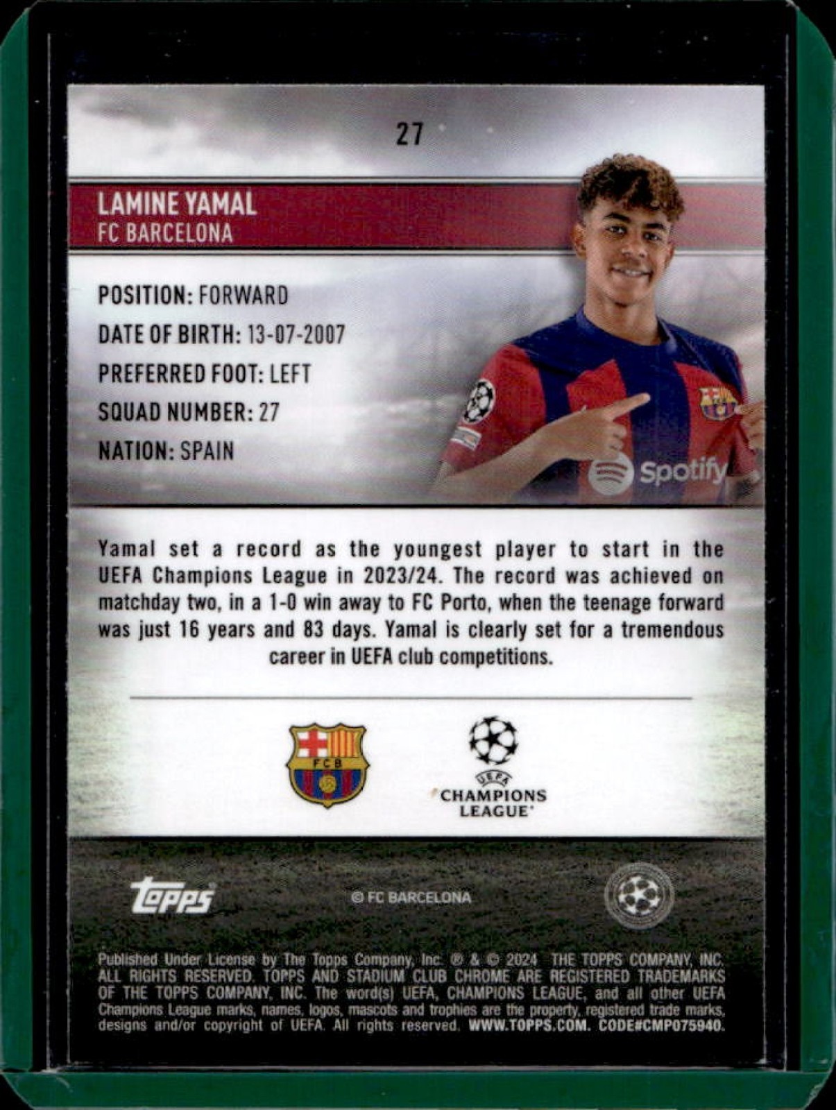 2023-24 Topps Stadium Club Chrome UEFA Lamine Yamal RC Rookie #27 Barcelona view 2