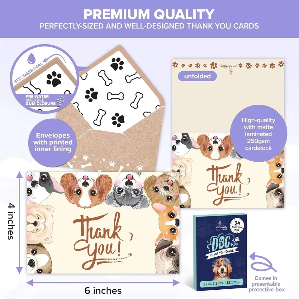 24 Pack 6X4In Dog Thank You Cards with Envelopes and Stickers, 12 Adorable Desig - Image 2 of 4