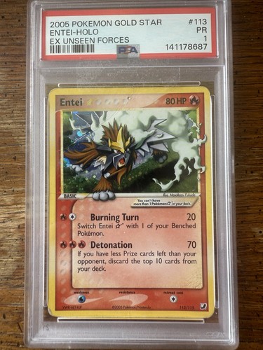 2005 ENTEI HOLO 113/115 GOLD STAR UNSEEN FORCES POKEMON PSA 1