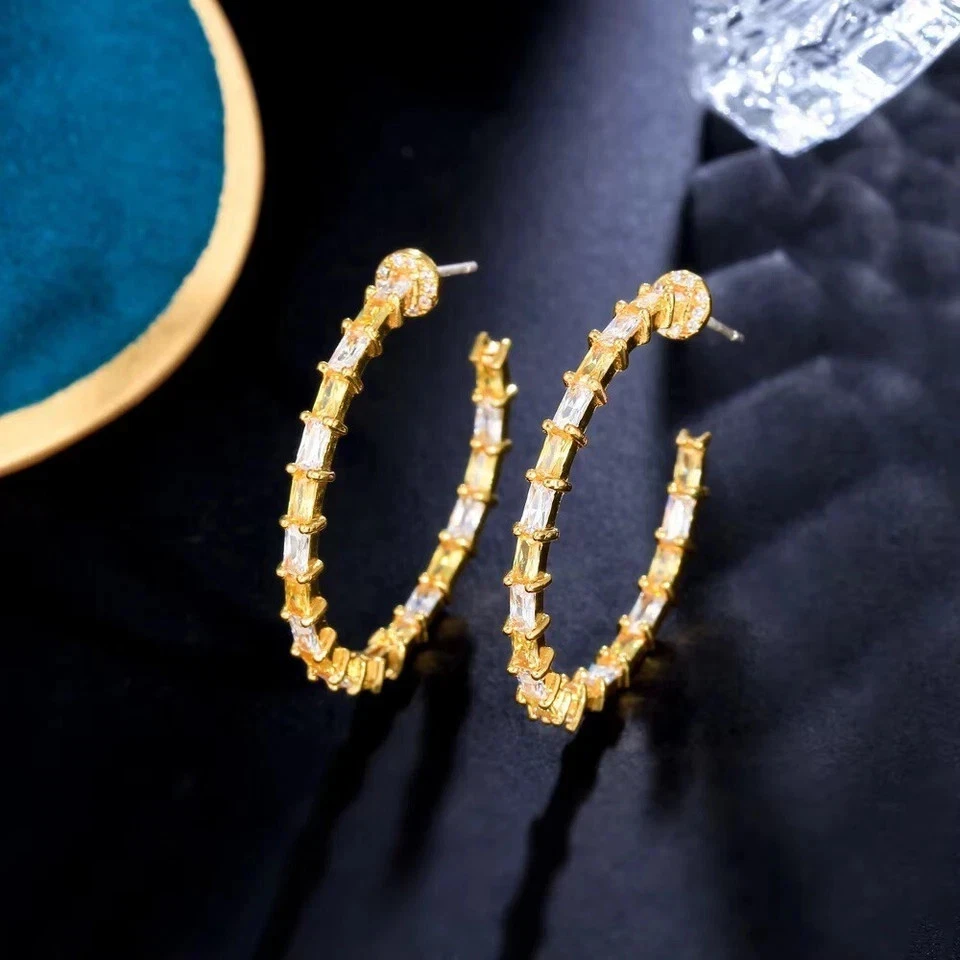 2Ct Created Sapphire & Diamond 14K Yellow Gold Plated Double Sided Hoop Earrings - Image 2 of 3